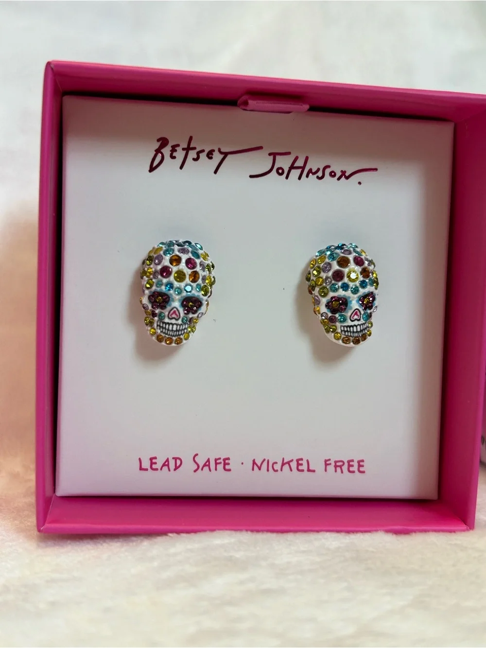 Betsey Johnson White Sugar Skull Crystal Stud Earrings NWT